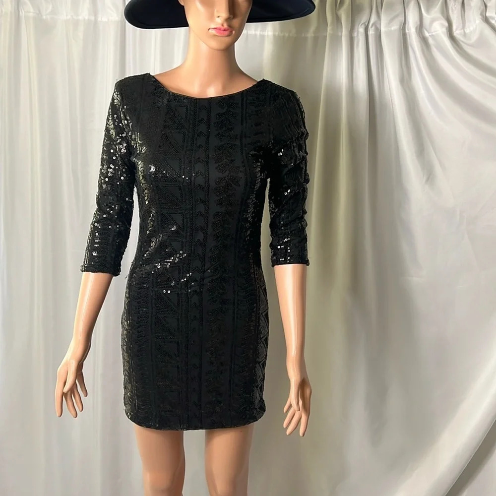 As U Wish Black Sequin Bodycon Mini Dress 3/4 Sleeve Scoop Back Small